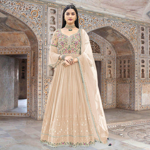 Siya #Siyafashion #Majestic #Brown & #Beige #Linen #Satin #Designer #Gown  #Style #Kurti | Party wear long gowns, Gown dress party wear, Printed gowns