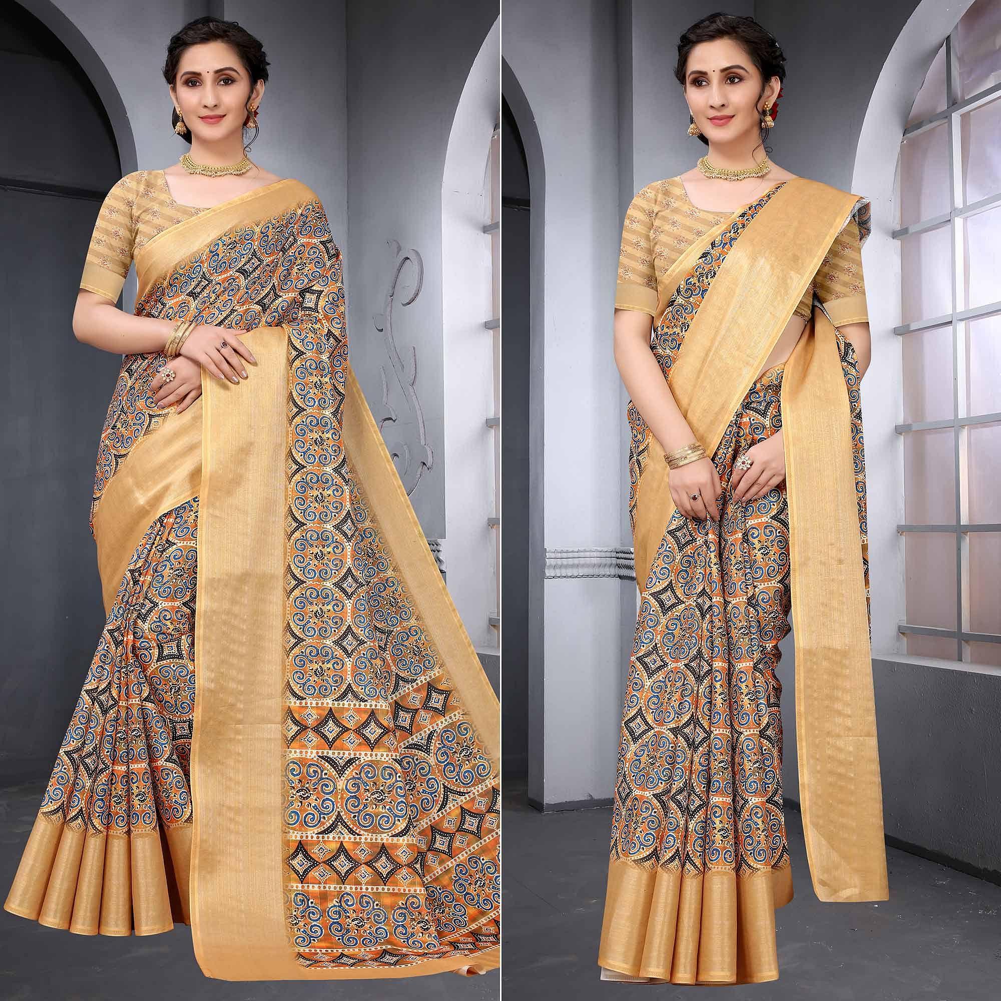 Beige Patola Printed Cotton Silk Saree With Tassels