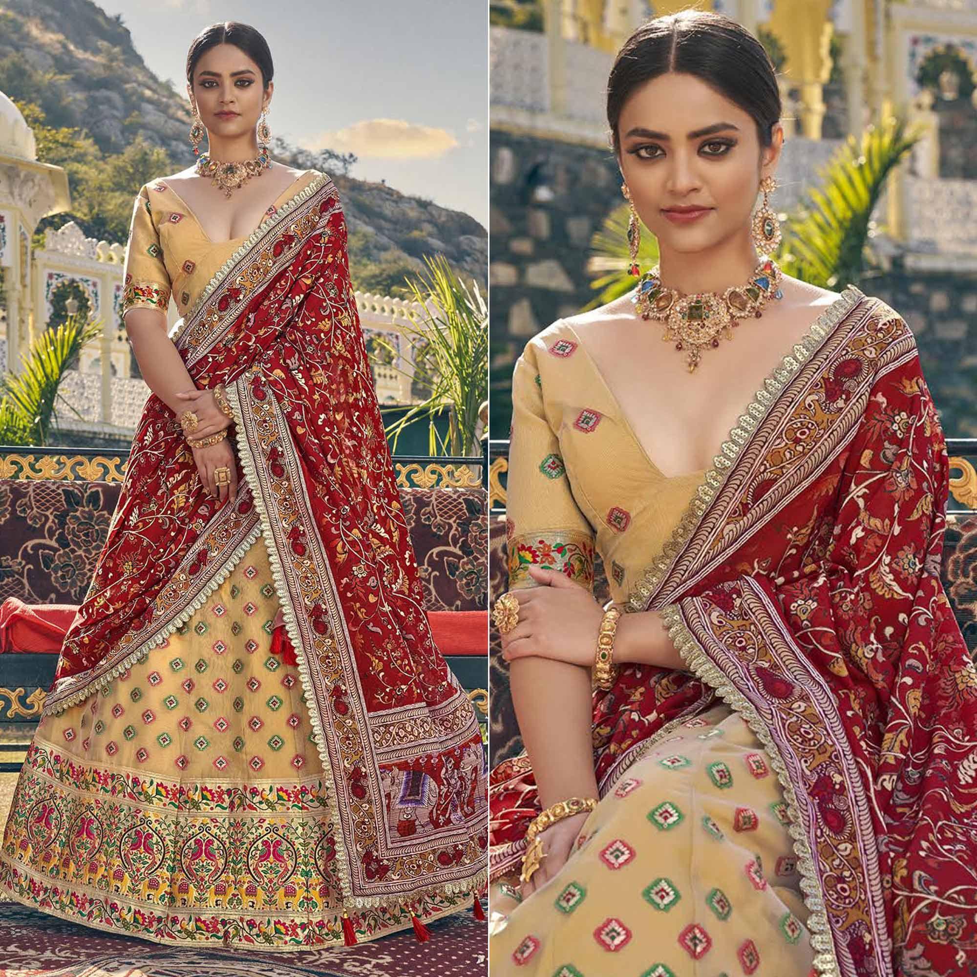 Beige Printed Organza Lehenga Choli 