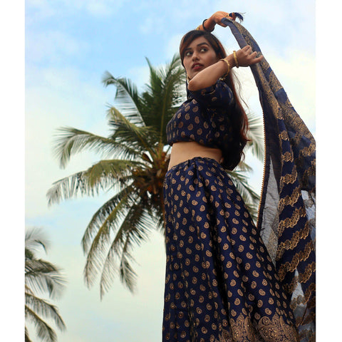 Charming Blue Colored Designer Digital Print And Embroidered Banglori Silk  Lehenga Choli