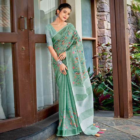 Mehendi Green Casual Wear Printed Georgette Saree