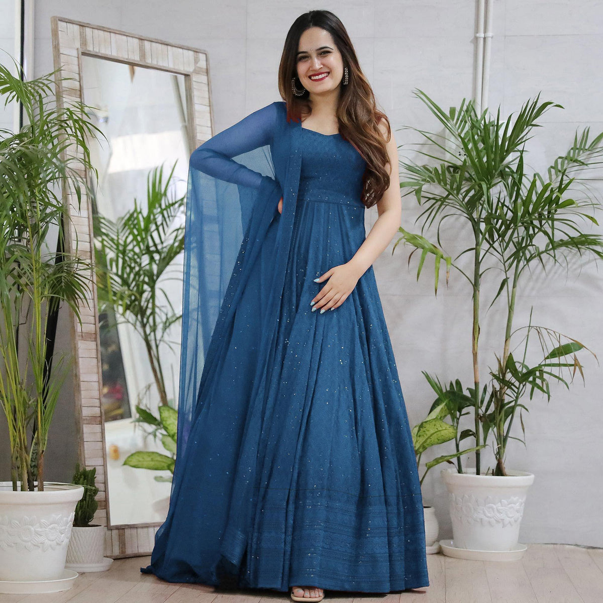 Blue Lucknowi Chikankari Rayon Partywear Gown