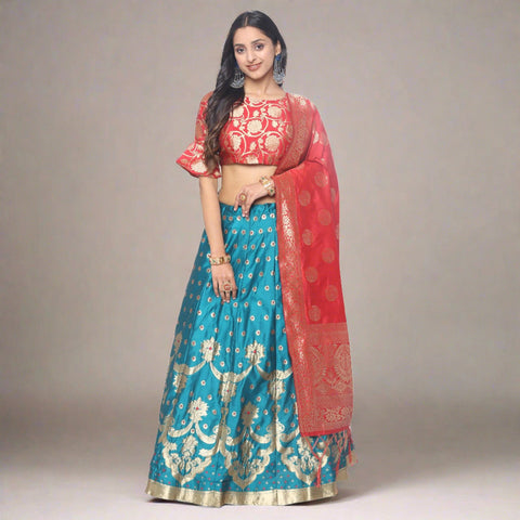 Turquoise Partywear Embellished Organza Lehenga Choli