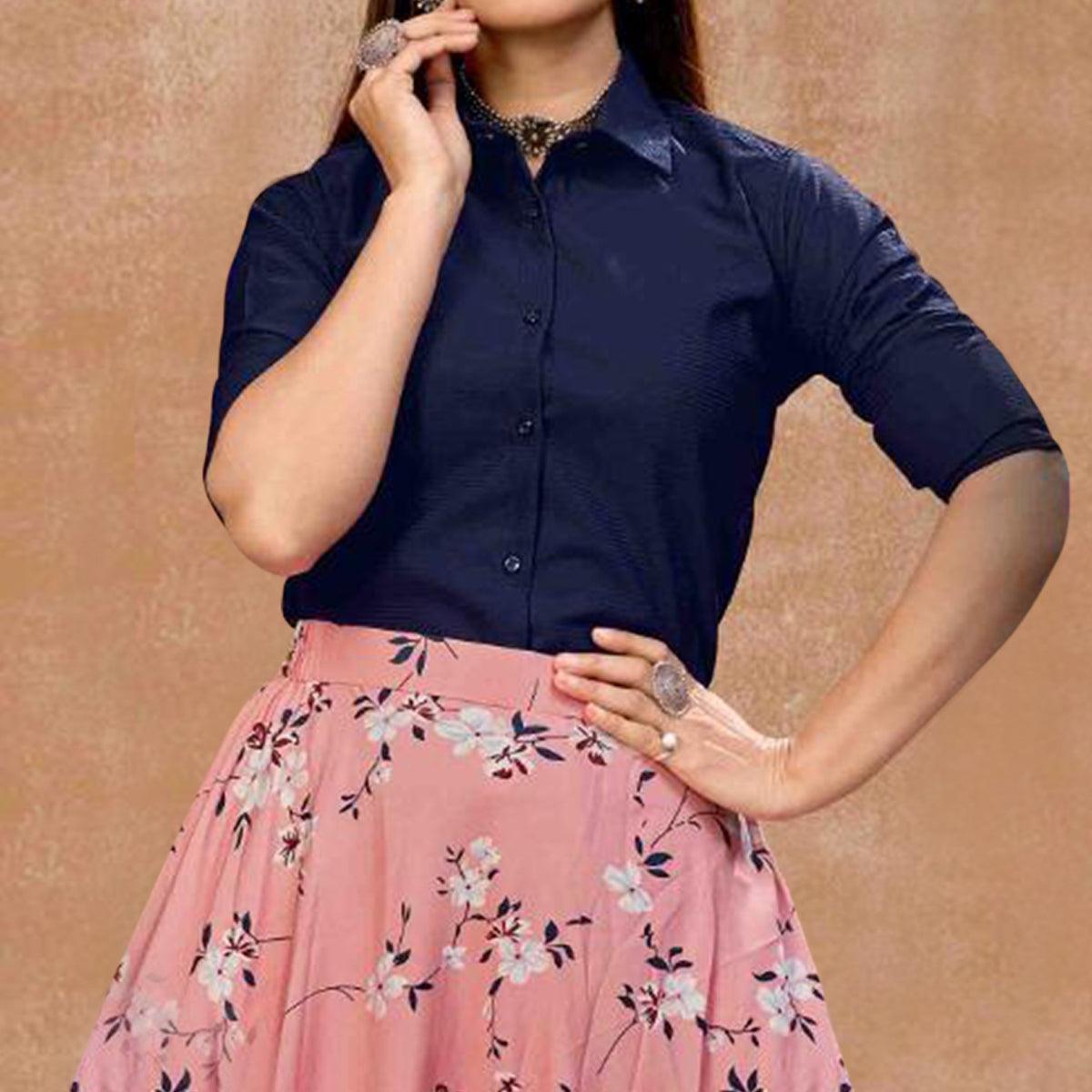Breathtaking Navy Blue-Pink Colored Partywear Printed Silk Top ...