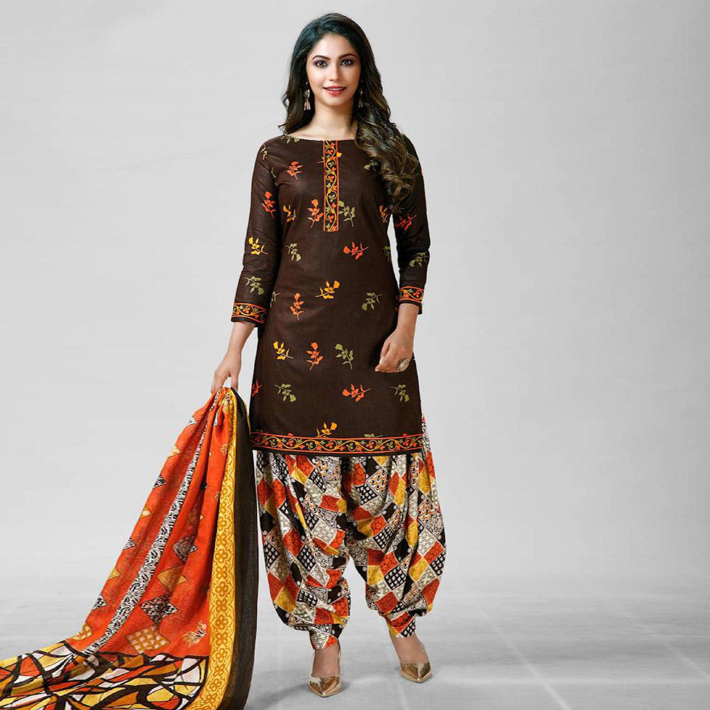Brown Casual Wear Printed Cotton Patiala Dress Material