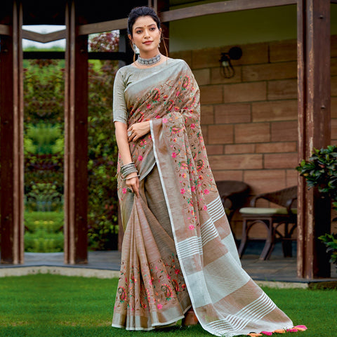 Green Digital Printed Linen Saree