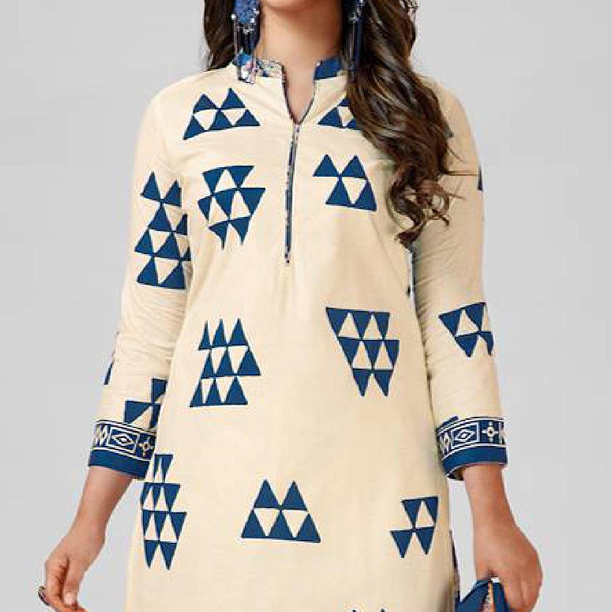 Cream Casual Wear Printed Cotton Patiala Dress Material