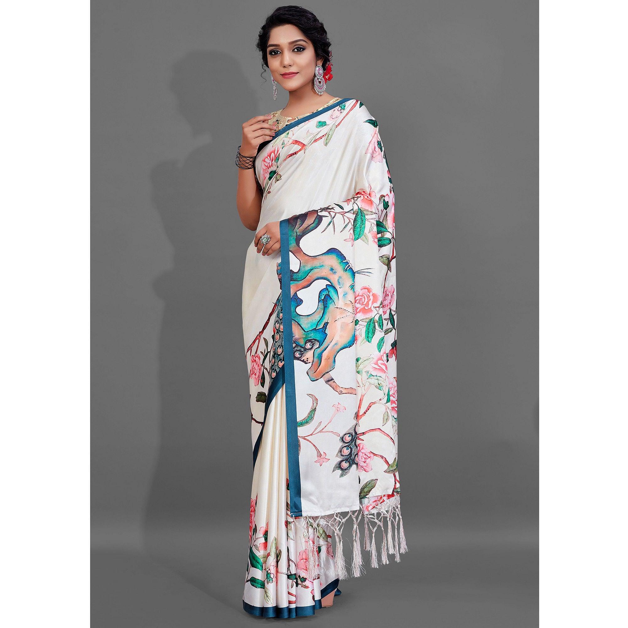 Cream Casual Wear Printed Satin Silk Saree - Peachmode