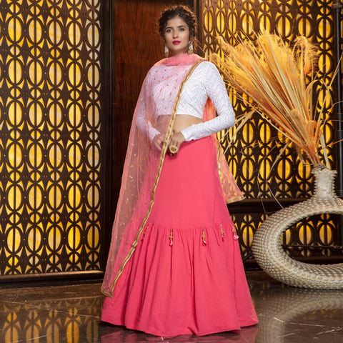 Peach Partywear Multi Sequence Embroidered Net Lehenga Choli