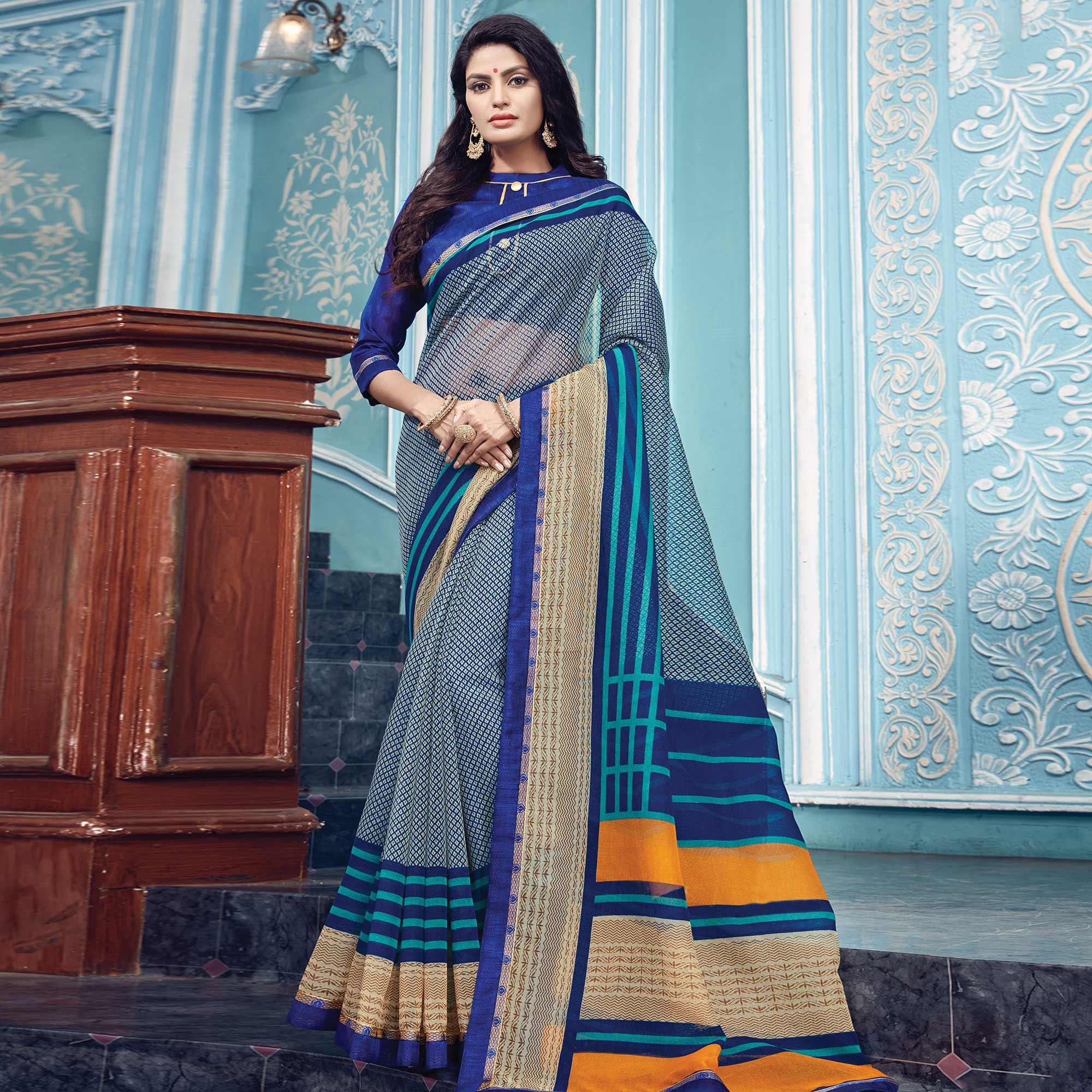 Latest printed silk sky blue saree - G3-WSA54884