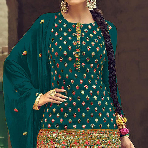 Buy Green Art Silk Embroidered Designer Patiala Suit Online -