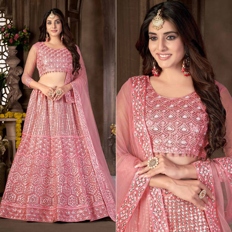 White & Pink Lehenga Choli In Georgette With Shadow Sequin Work Cluster Of  Threadwork With Pearl - Jinder's