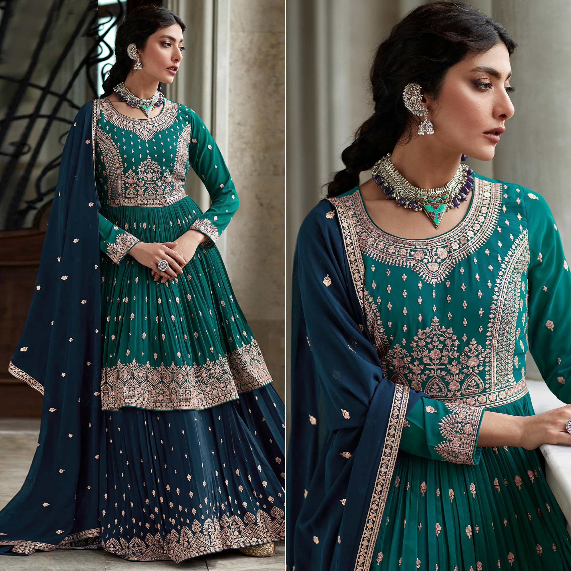 Georgette Embroidered Dark Green Peplum Gown at Rs 2550 in Mumbai