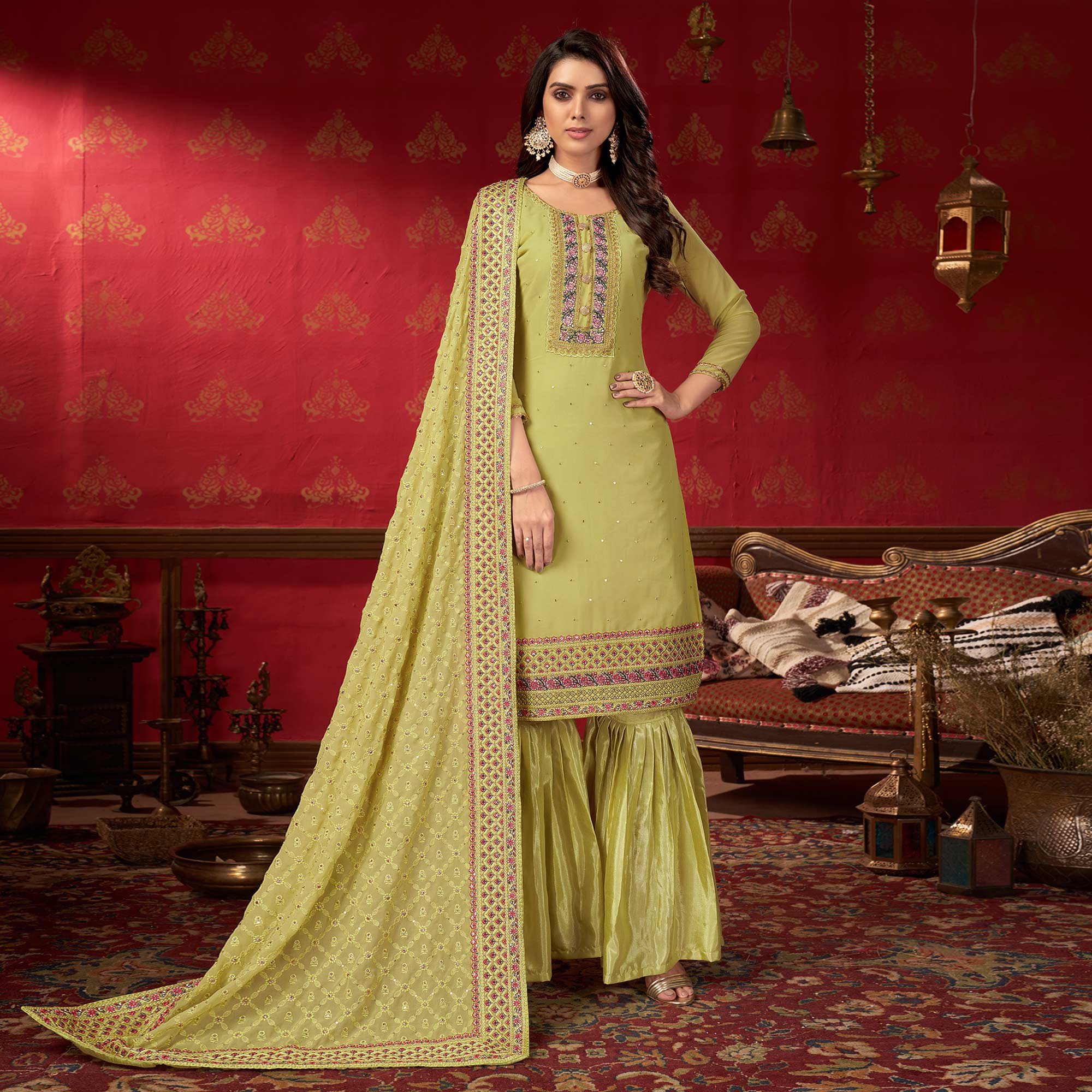 Georgette pakistani suit in Pista green colour 161330