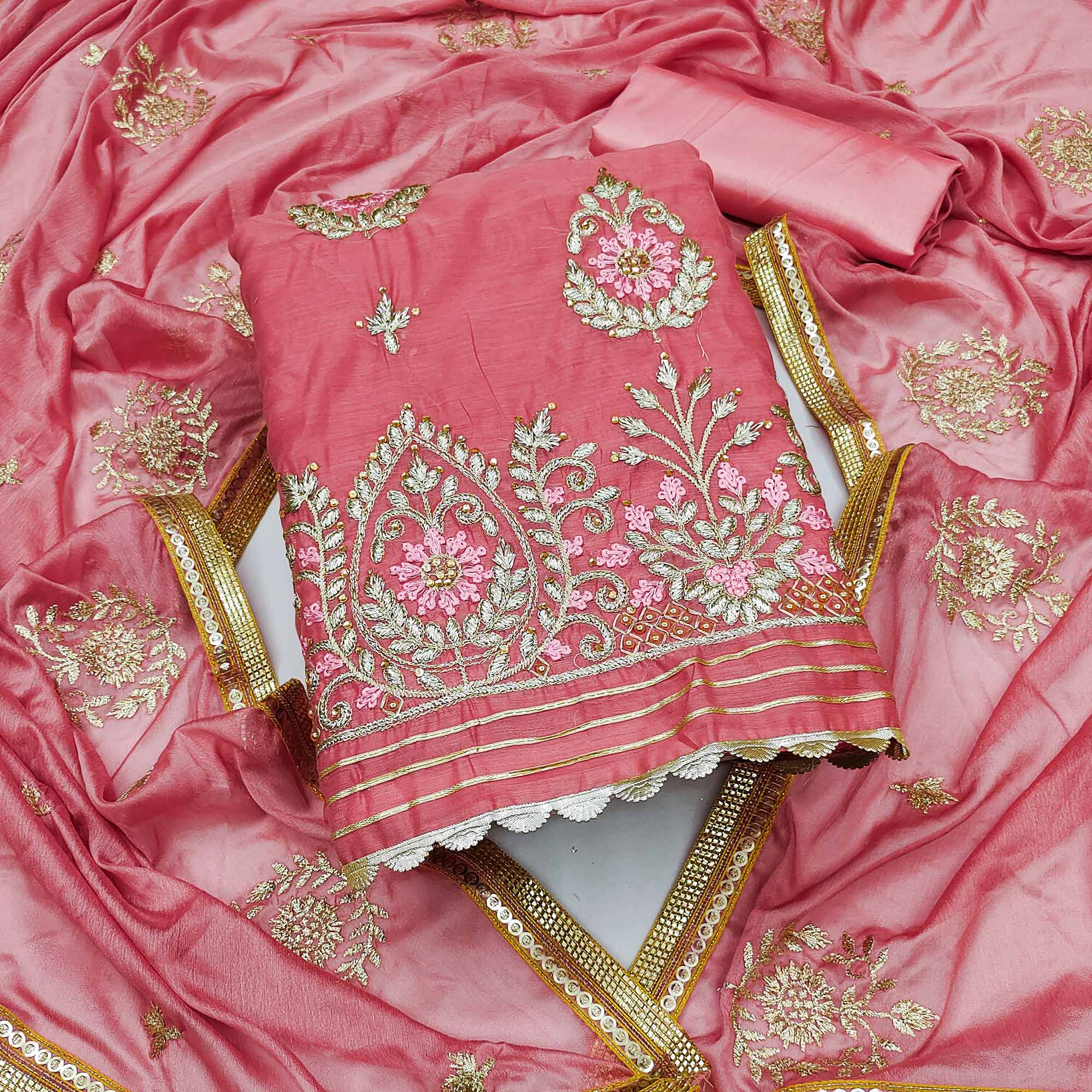 Pink Floral Embroidered Modal Dress Material