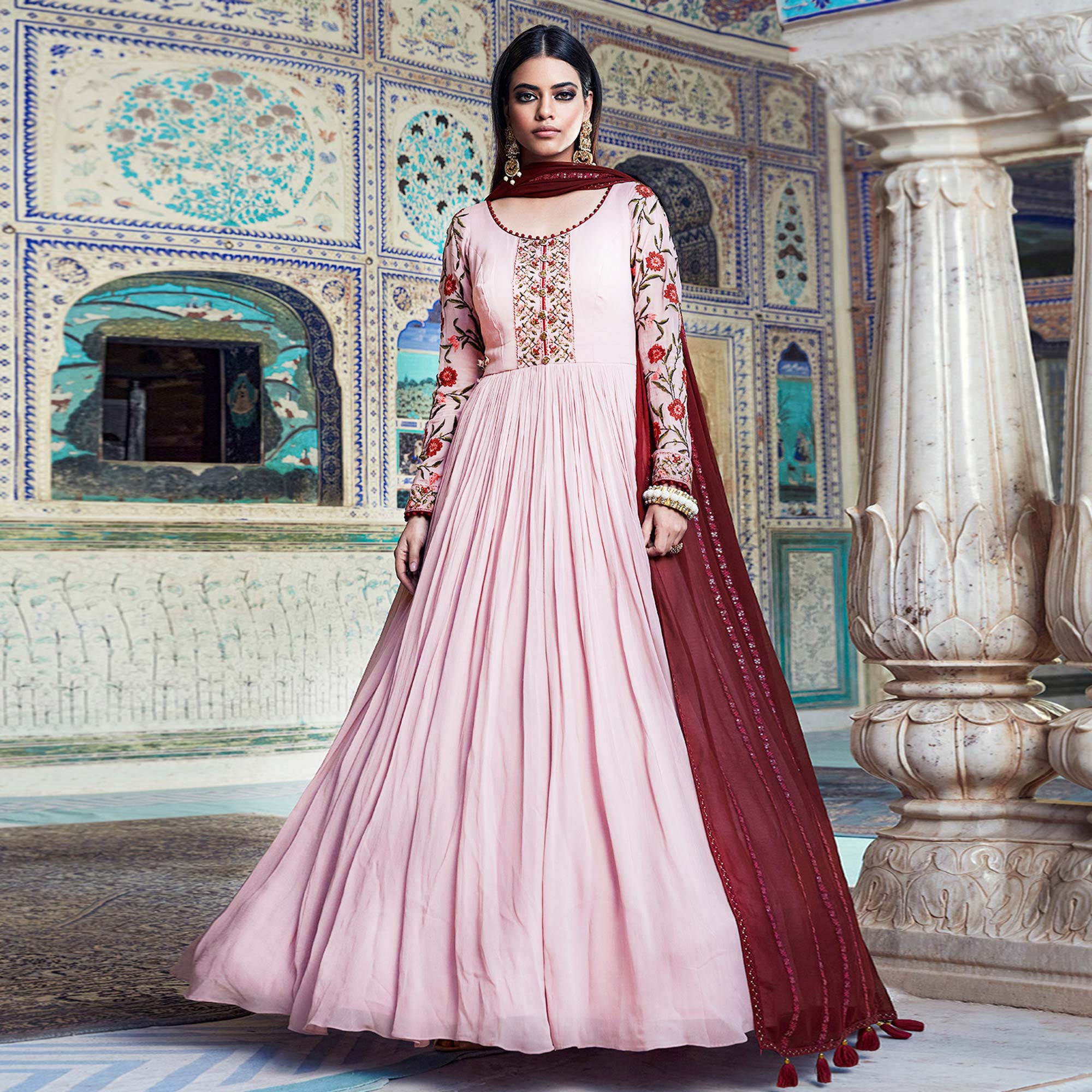 Georgette Embroidered Designer Party Wear Gown, Pink at Rs 1800 in