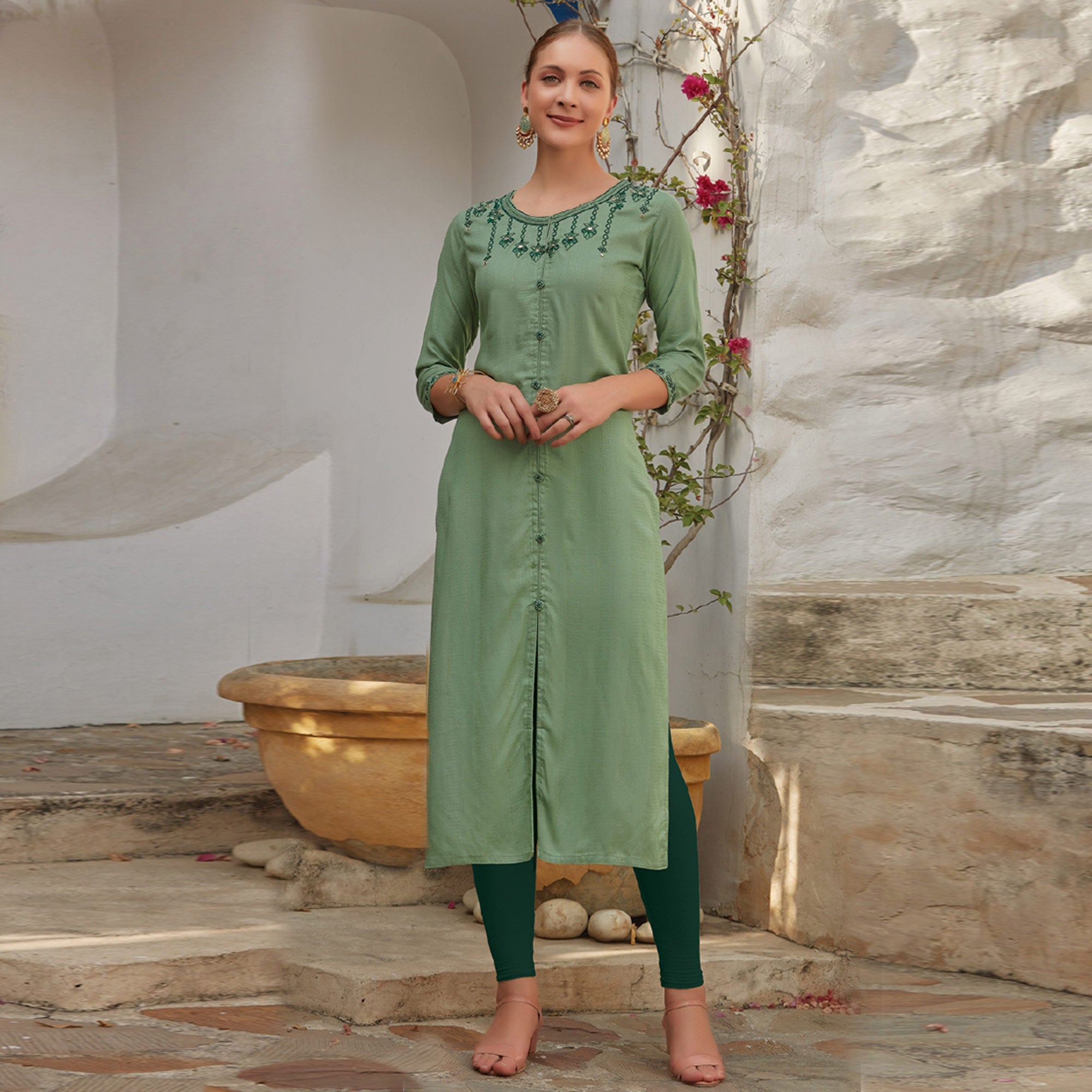 Green Casual Wear Embroidered Cotton Kurti Pant Set