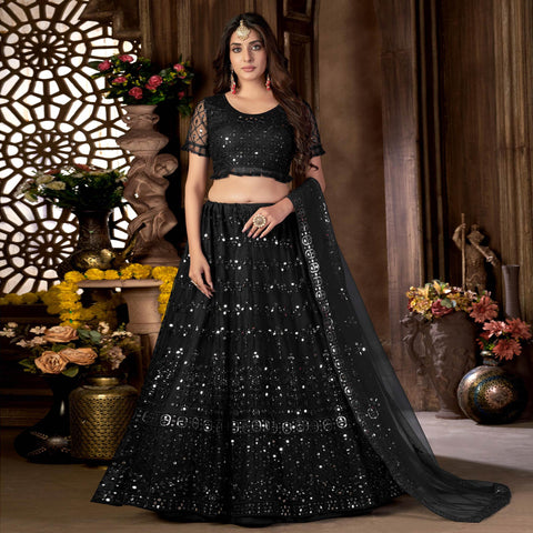 Green & White Floral Printed Georgette Crop Top Lehenga