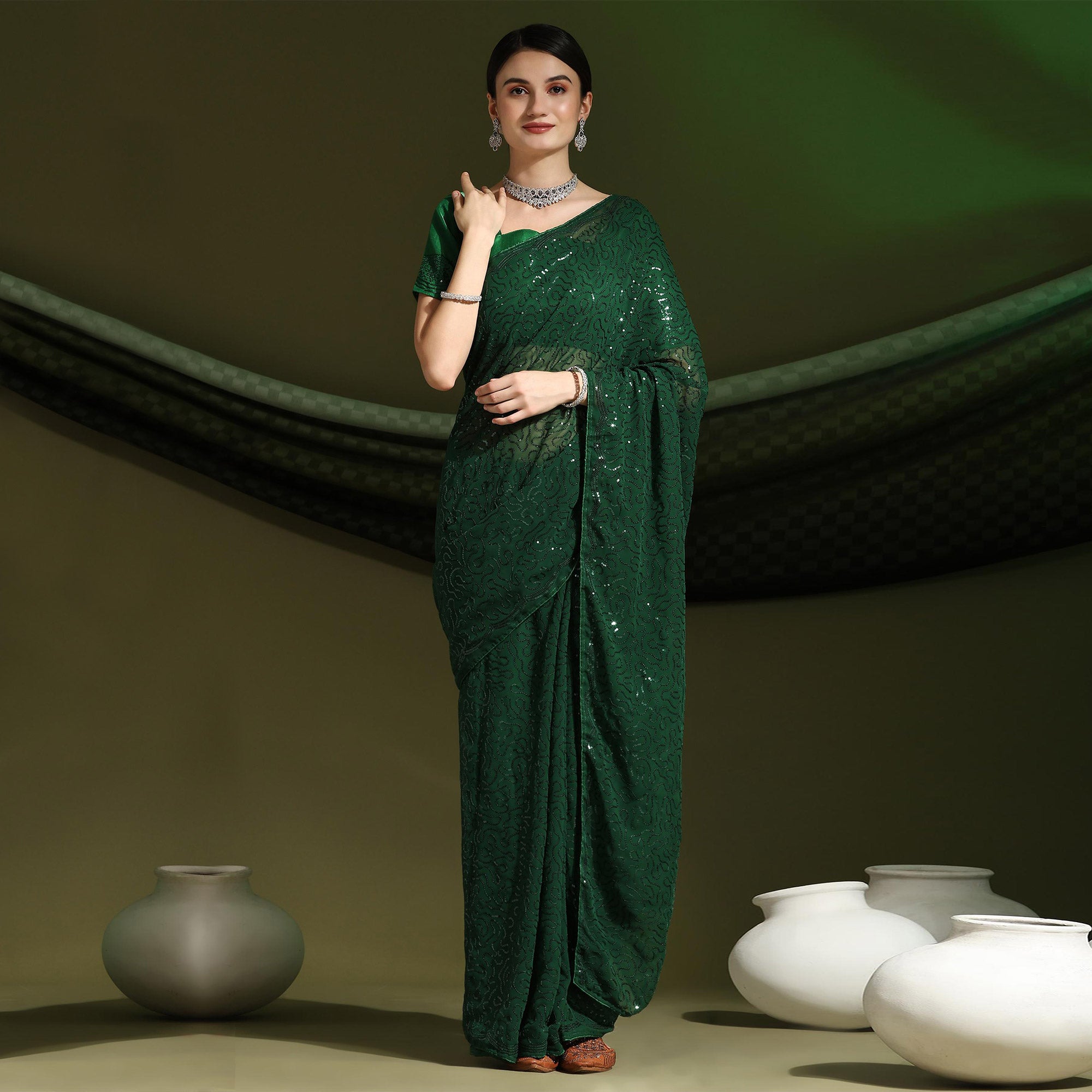 Lycra Party Wear Readymade Saree in Green With Sequence Work 1780159 -   Denmark