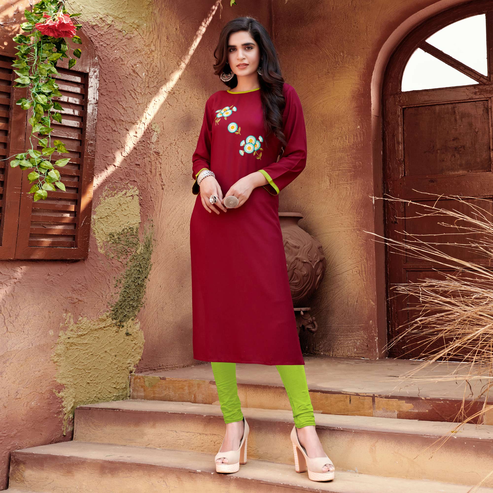 Maroon Floral Printed Cotton Blend Kurti