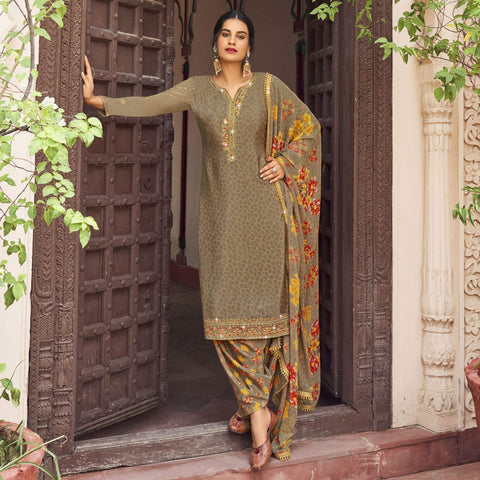 Embroidered Organza Satin Punjabi Suit in Light Green : KQC322