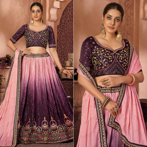 Amazing Peach Colored Partywear Embroidery Banarasi Silk Lehenga Choli