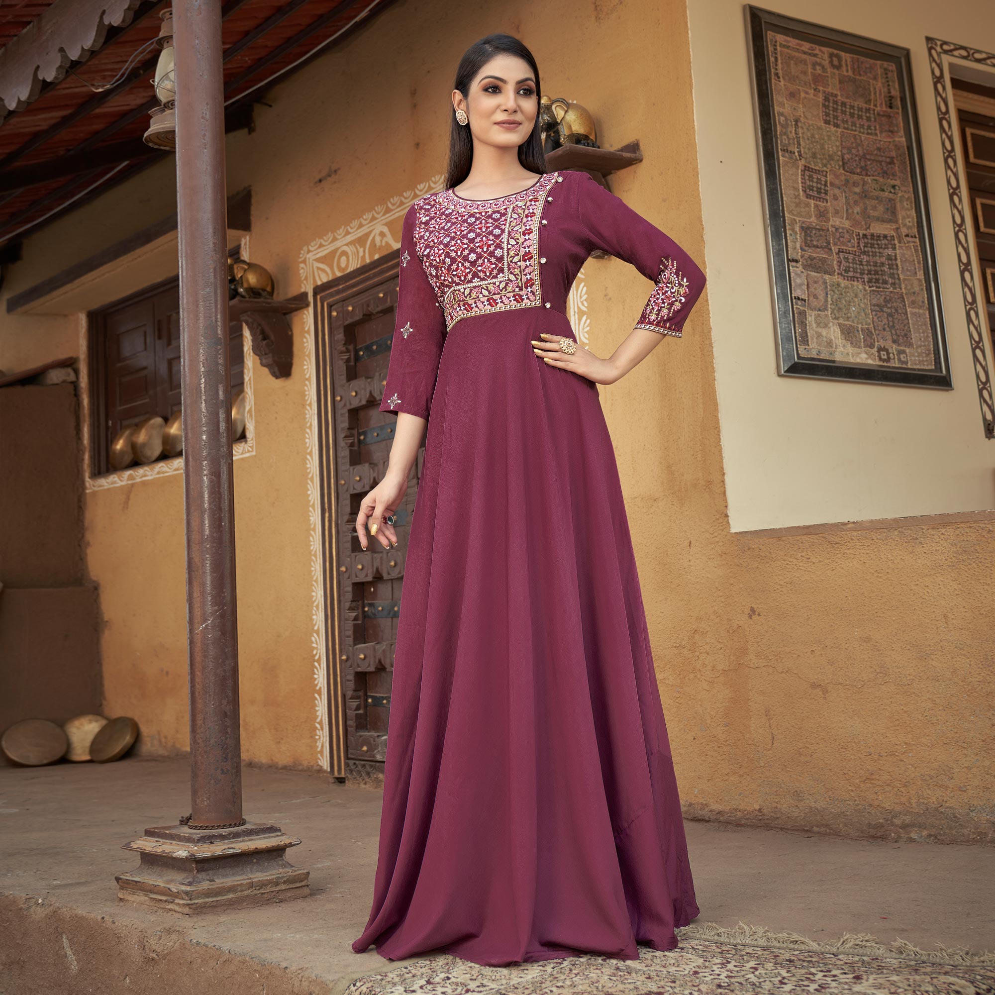 Georgette Embroidery Sharara Suit In Dark Maroon Colour SM5540064