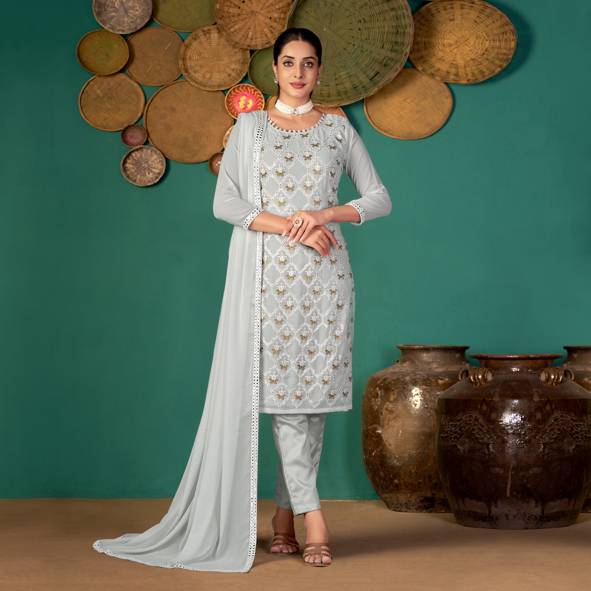 Georgette Embroidered Grey Gown Dress with Dupatta - GW0500