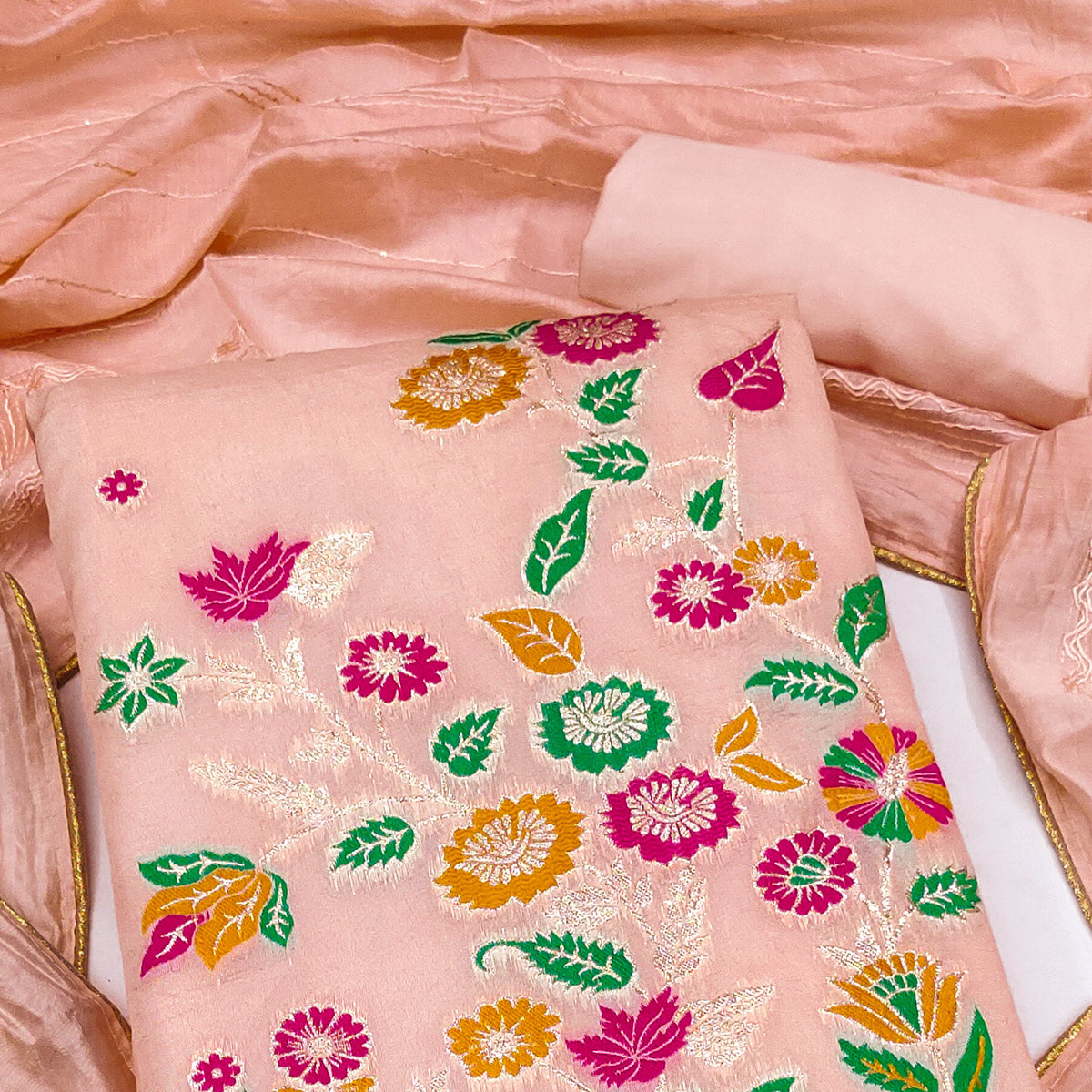 Amazing Peach Colored Partywear Embroidery Banarasi Silk Lehenga Choli