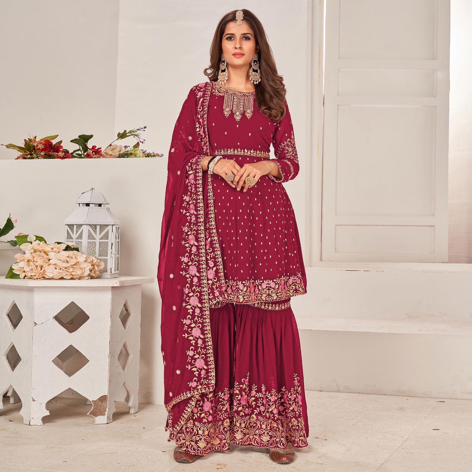 Georgette Embroidery Sharara Suit In Dark Maroon Colour SM5540064