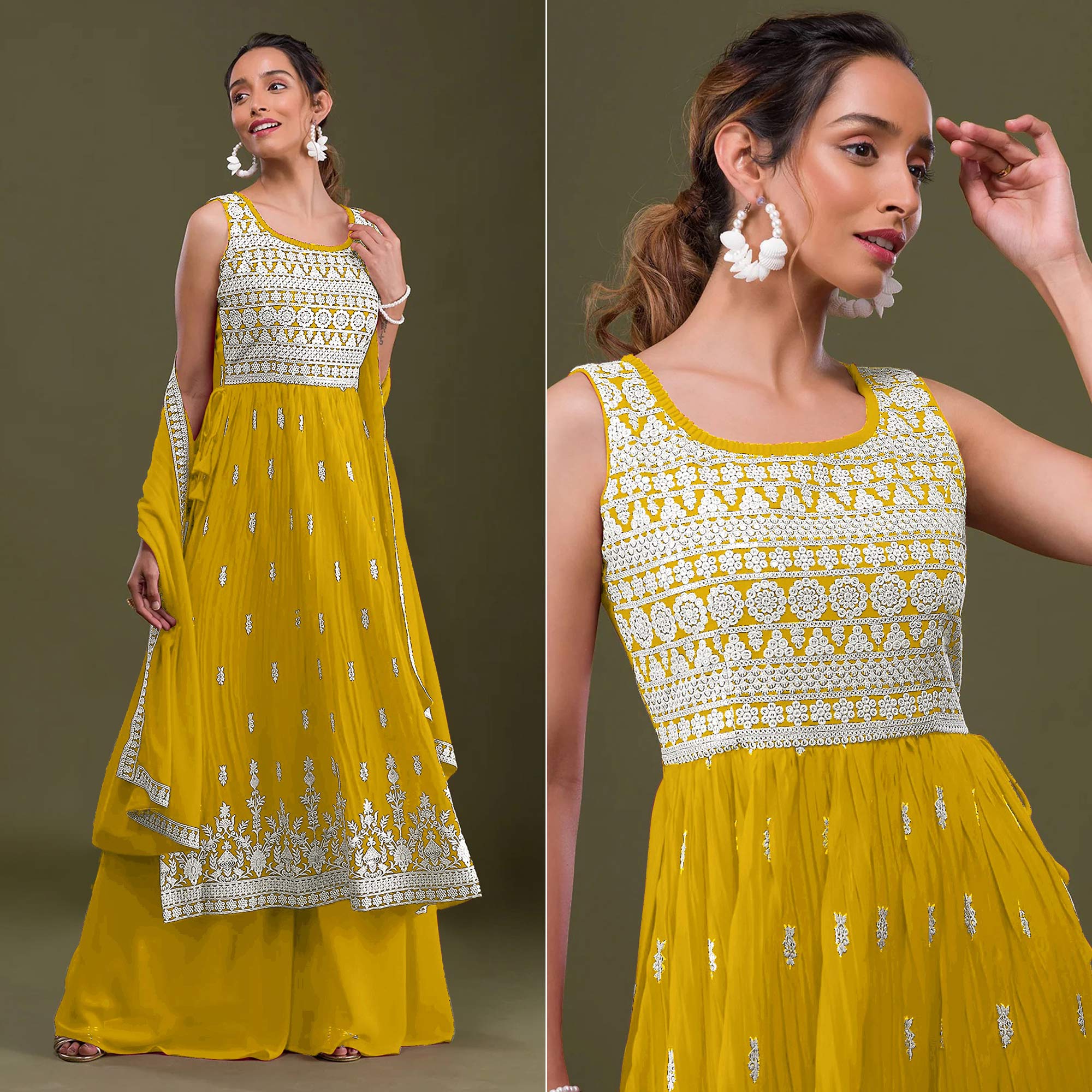 Yellow Embroidered Georgette Naira Cut Palazzo Suit