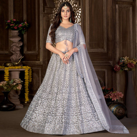 Georgette Embroidery Grey Lehenga Choli Women India Party Wear Look Soft  Inner | eBay