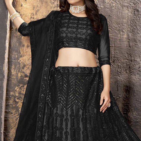 Black & Peach Floral Embroidered Net Lehenga – Maharani