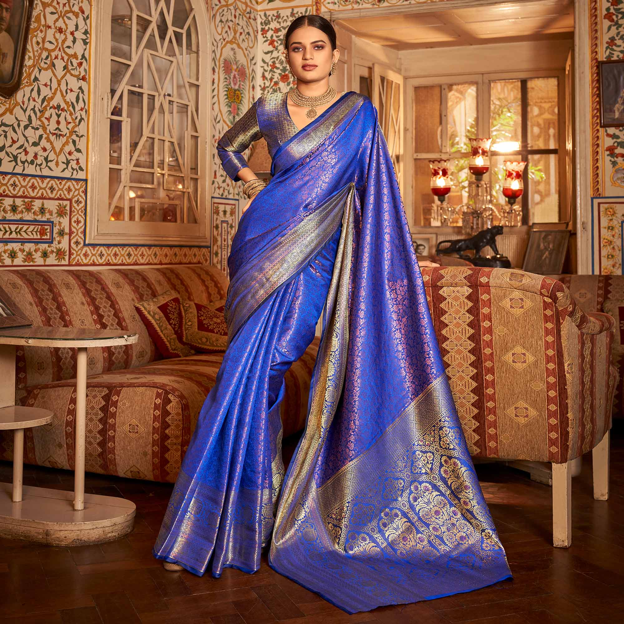 Captivating Royal Blue & Maroon Satin Silk Plain Party Wear Saree - RJ  Fashion