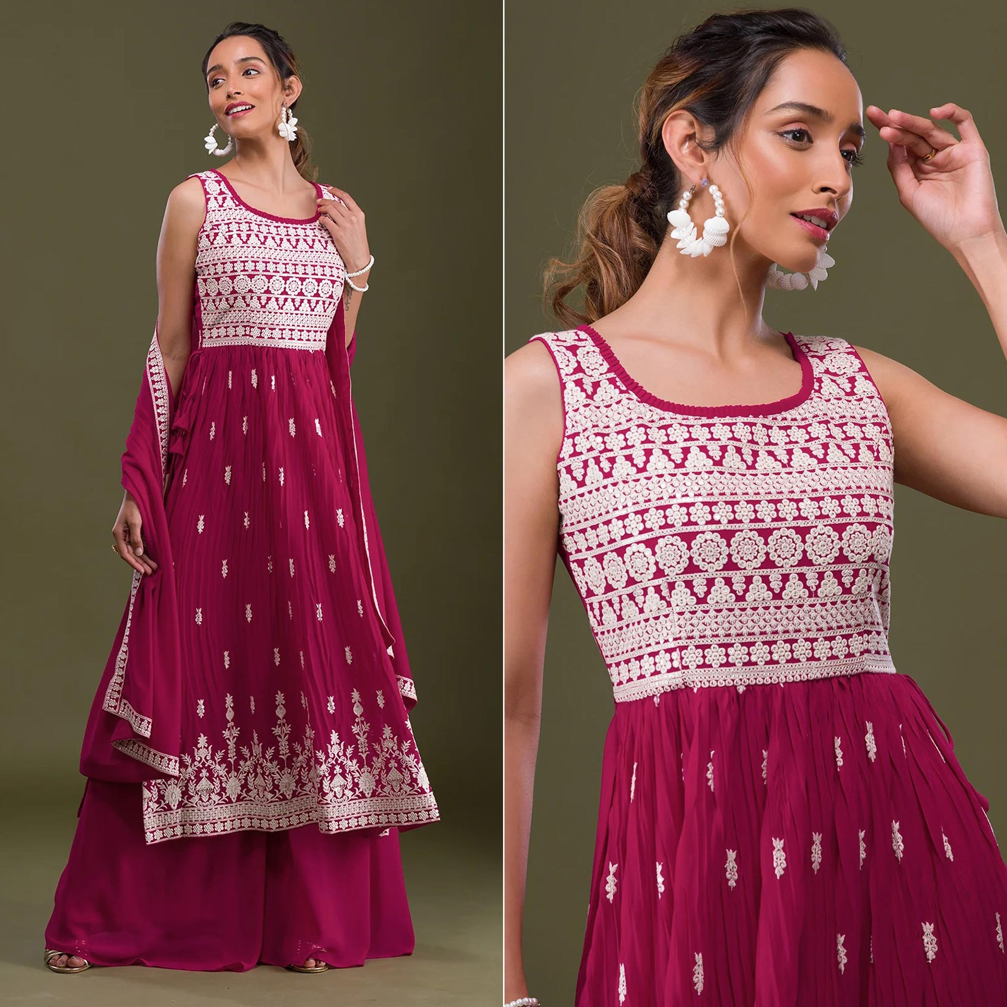 Shop Online Faux Georgette Pink Embroidered Pant Style Suit : 186801 