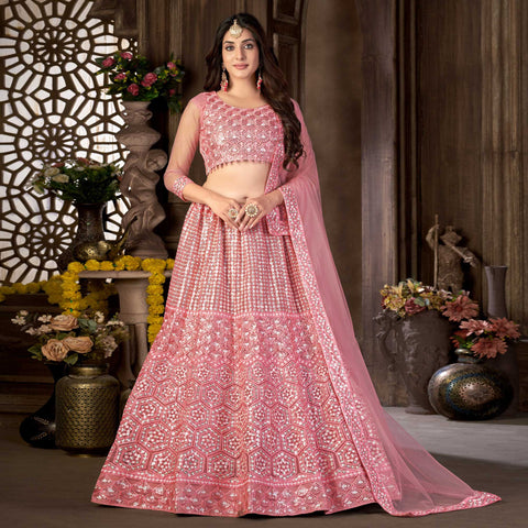 Pink with Grey Zari, Sequins and Stone work Crop Top Lehenga – Seasons  Chennai