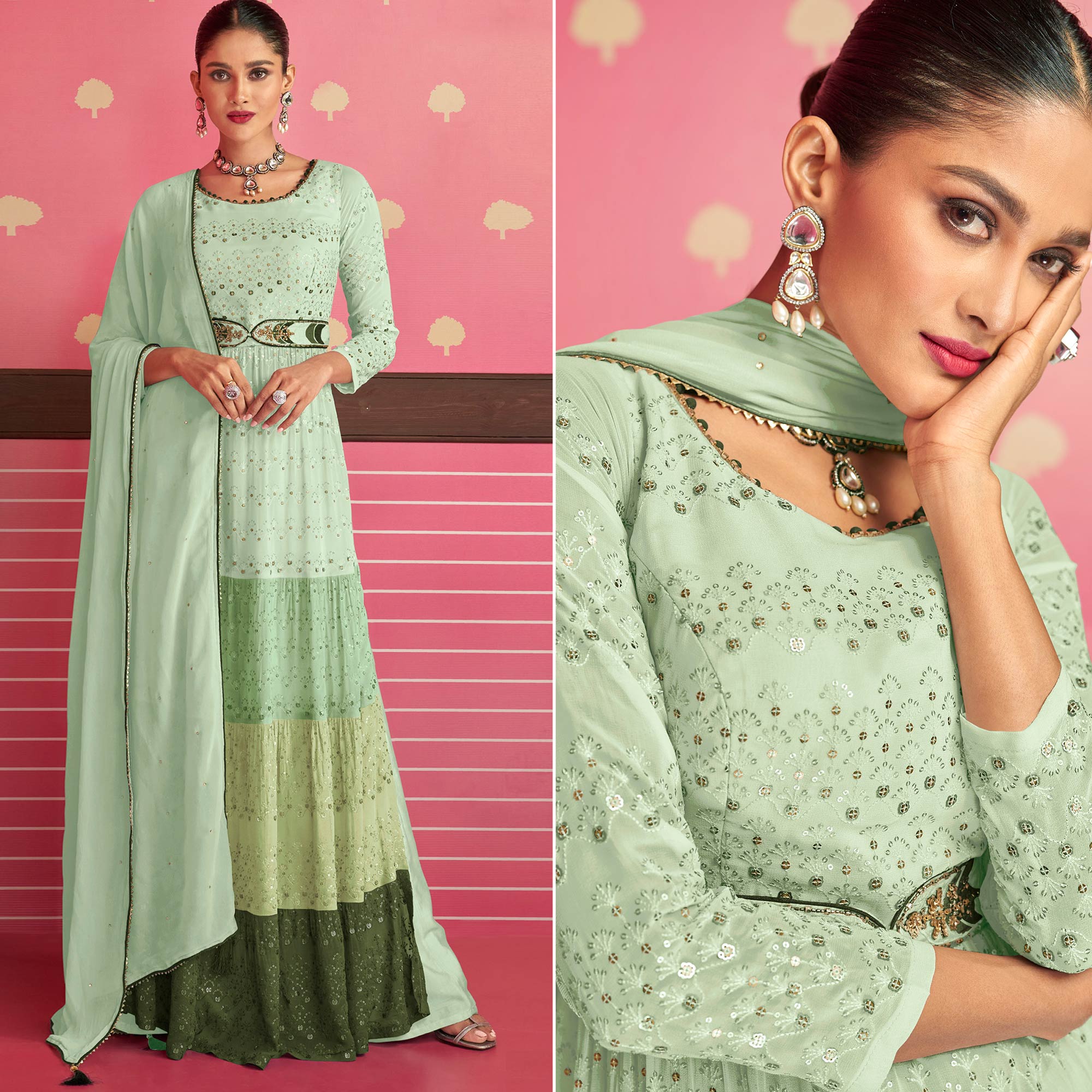 Georgette pakistani suit in Pista green colour 161330