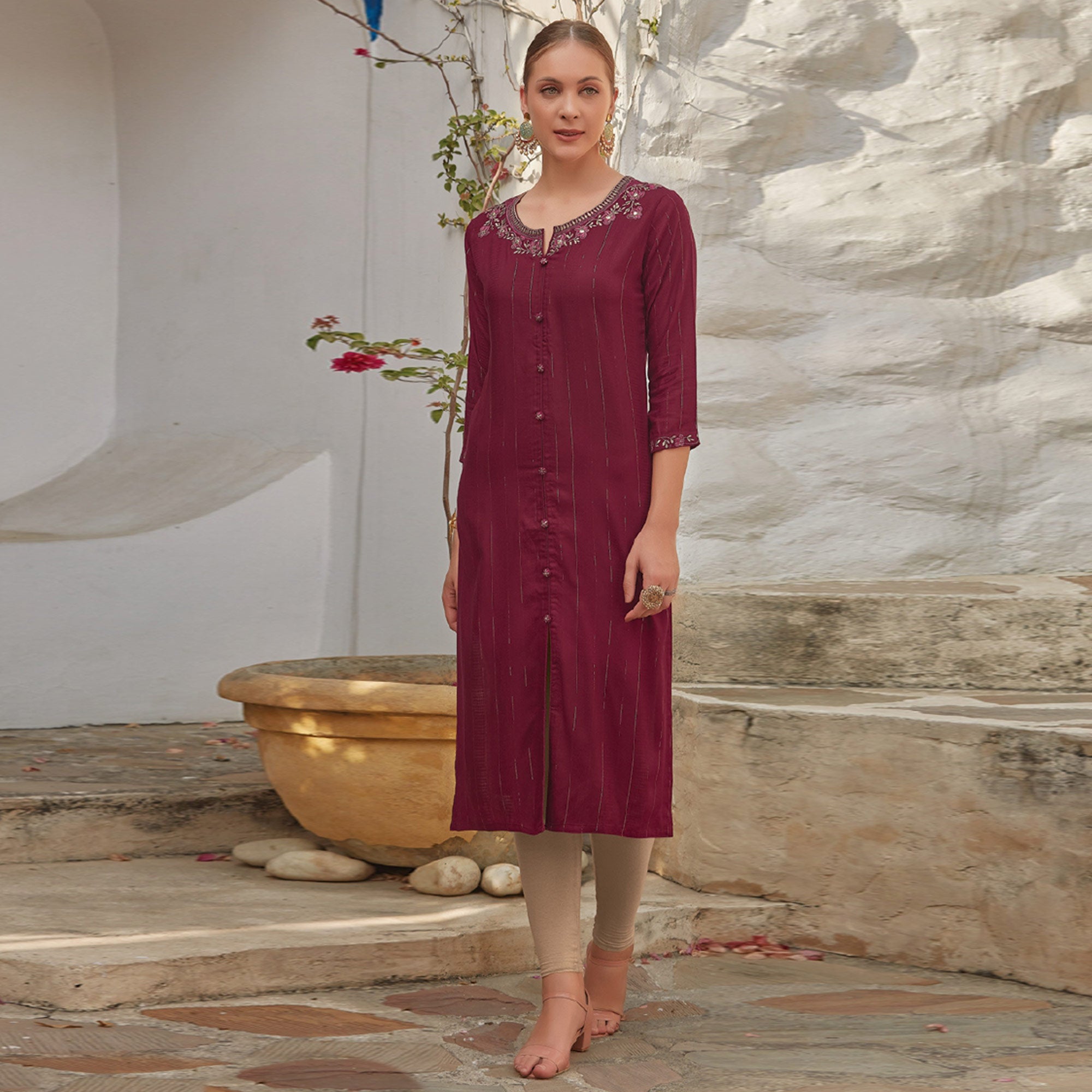 Maroon Floral Printed Cotton Blend Kurti