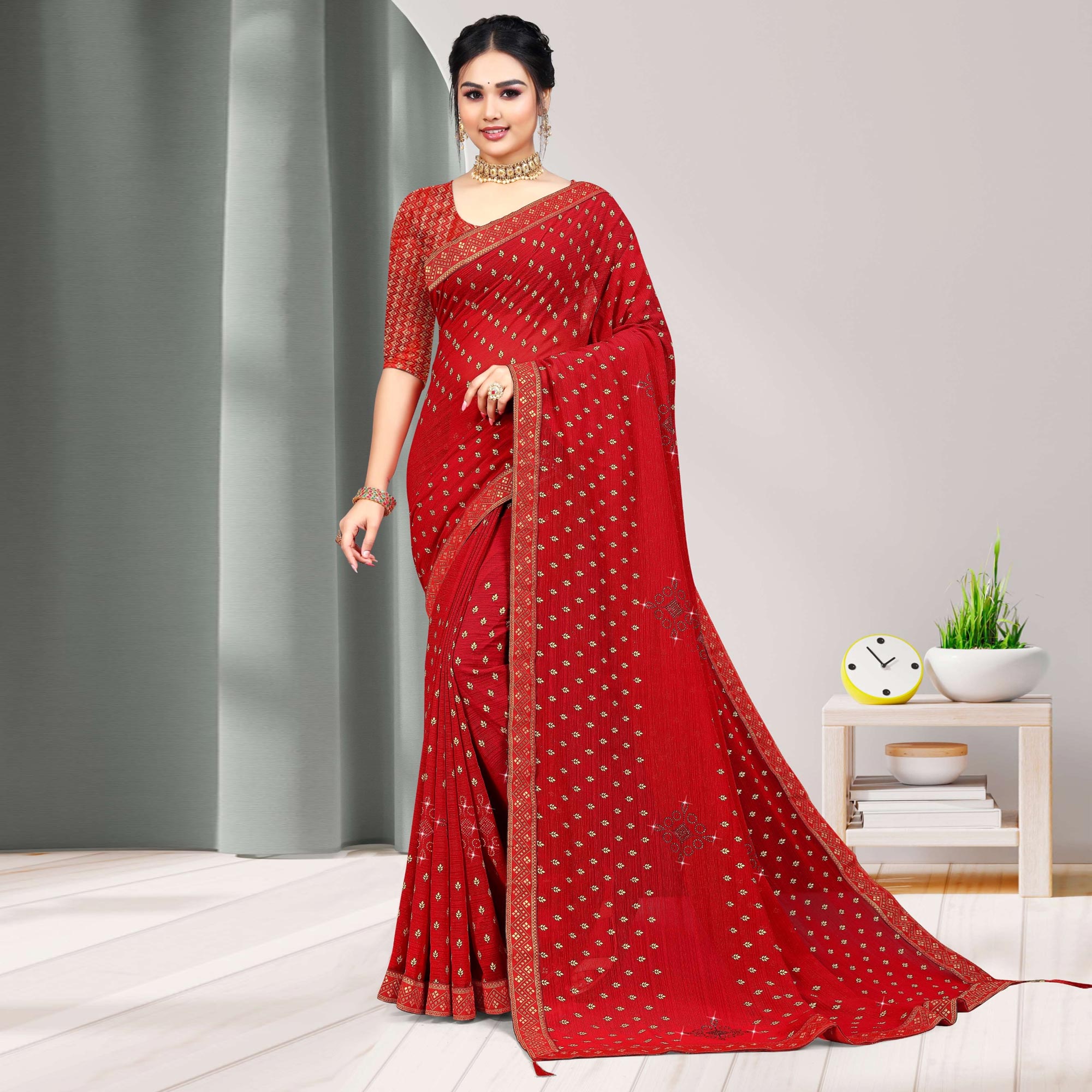 Flat 75% off on Jaanvi Fashion Red Chiffon Saree Women Clothing