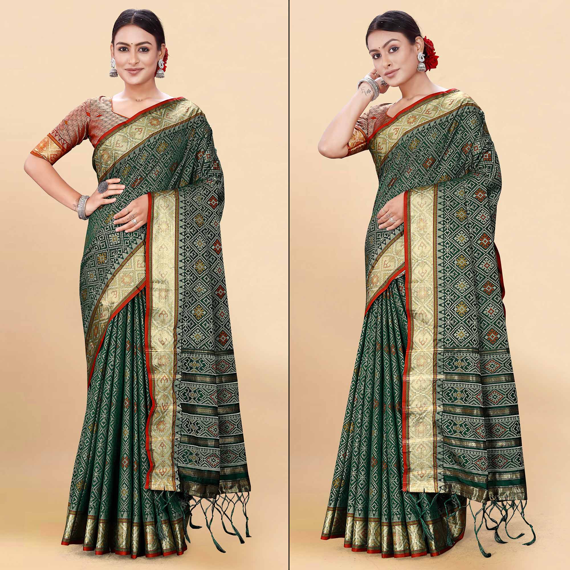 Beige Patola Printed Cotton Silk Saree With Tassels