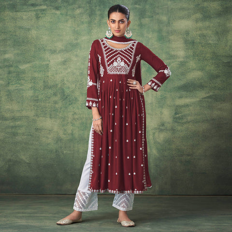 embroidery full neck in red kutra/kurti/suit with pant white naira cut  pattern
