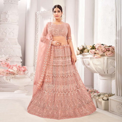 Embroidery Machine Peach Color Soft Net Fabric Lehenga at Rs 4999 in Surat