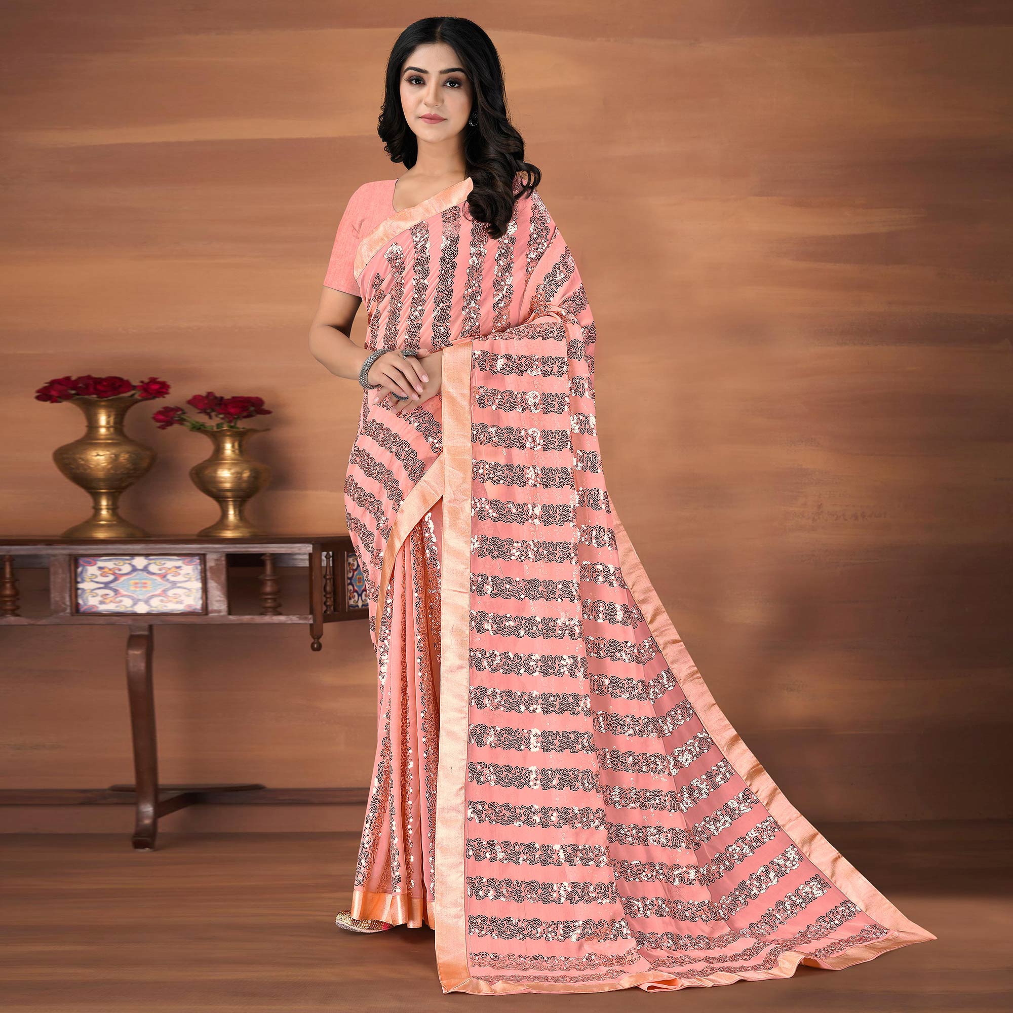 Buy MAHOTSAV Women'S Peach Lycra Solid Designer Ready To Wear Saree With  Peated Pallu & Designer Embbroidered Stitched Blouse at