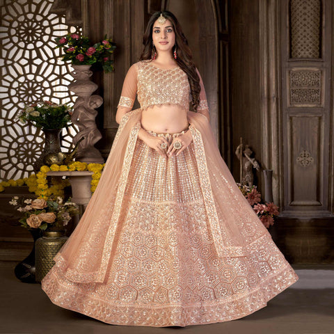 Buy Peach Silk Embroidery Daisy And Pearl Embellished Bridal Lehenga Set  For Women by Shian Online at Aza Fashions.
