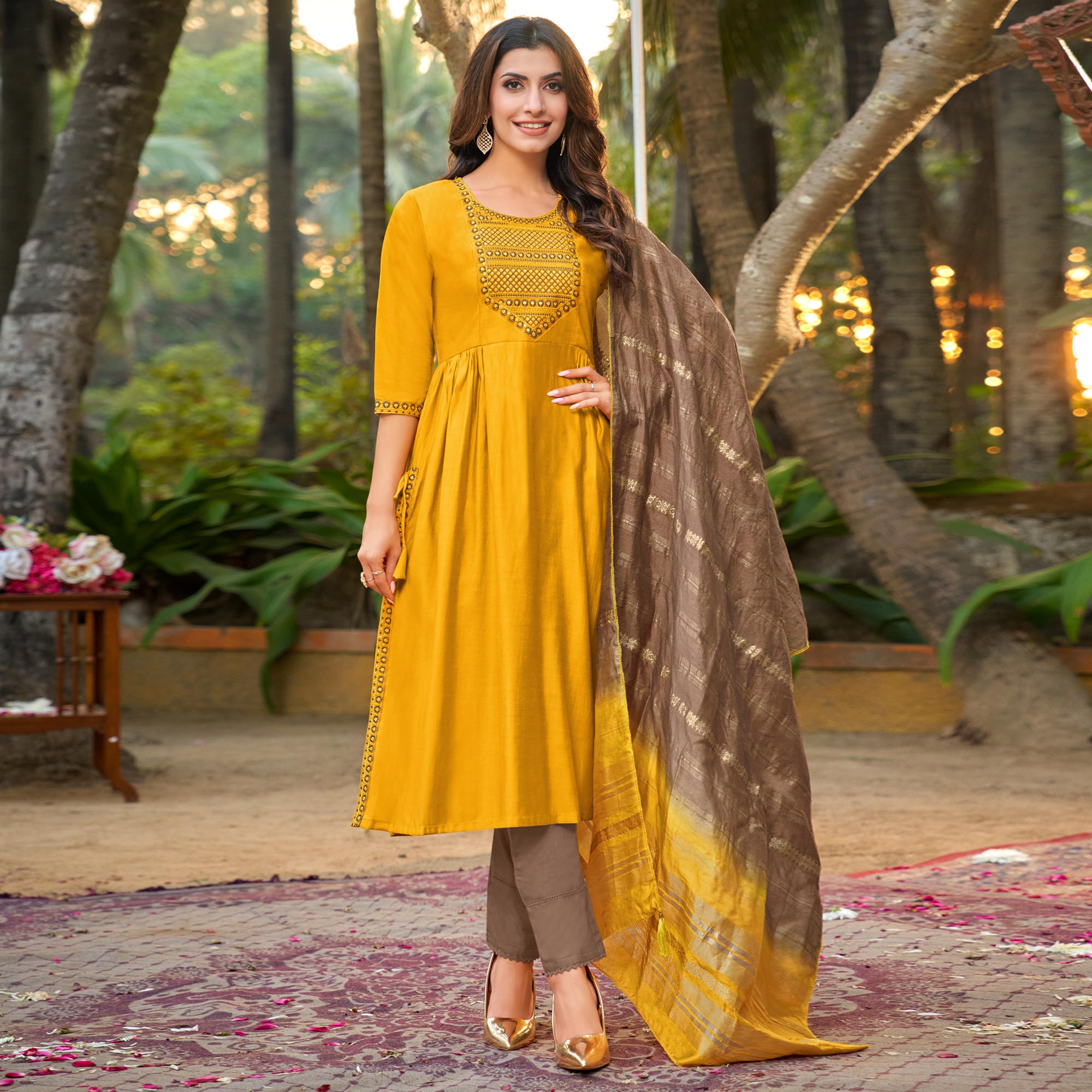 Mustard Floral Embroidered Pure Silk Naira Cut Suit