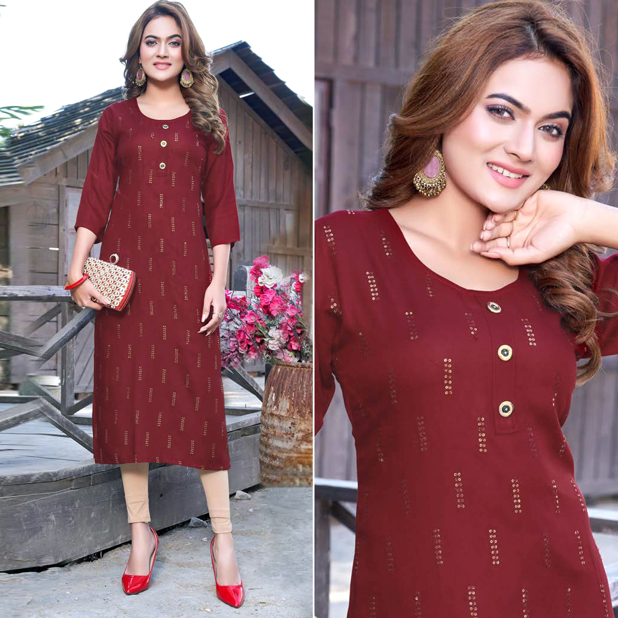 Maroon Floral Printed Cotton Blend Kurti