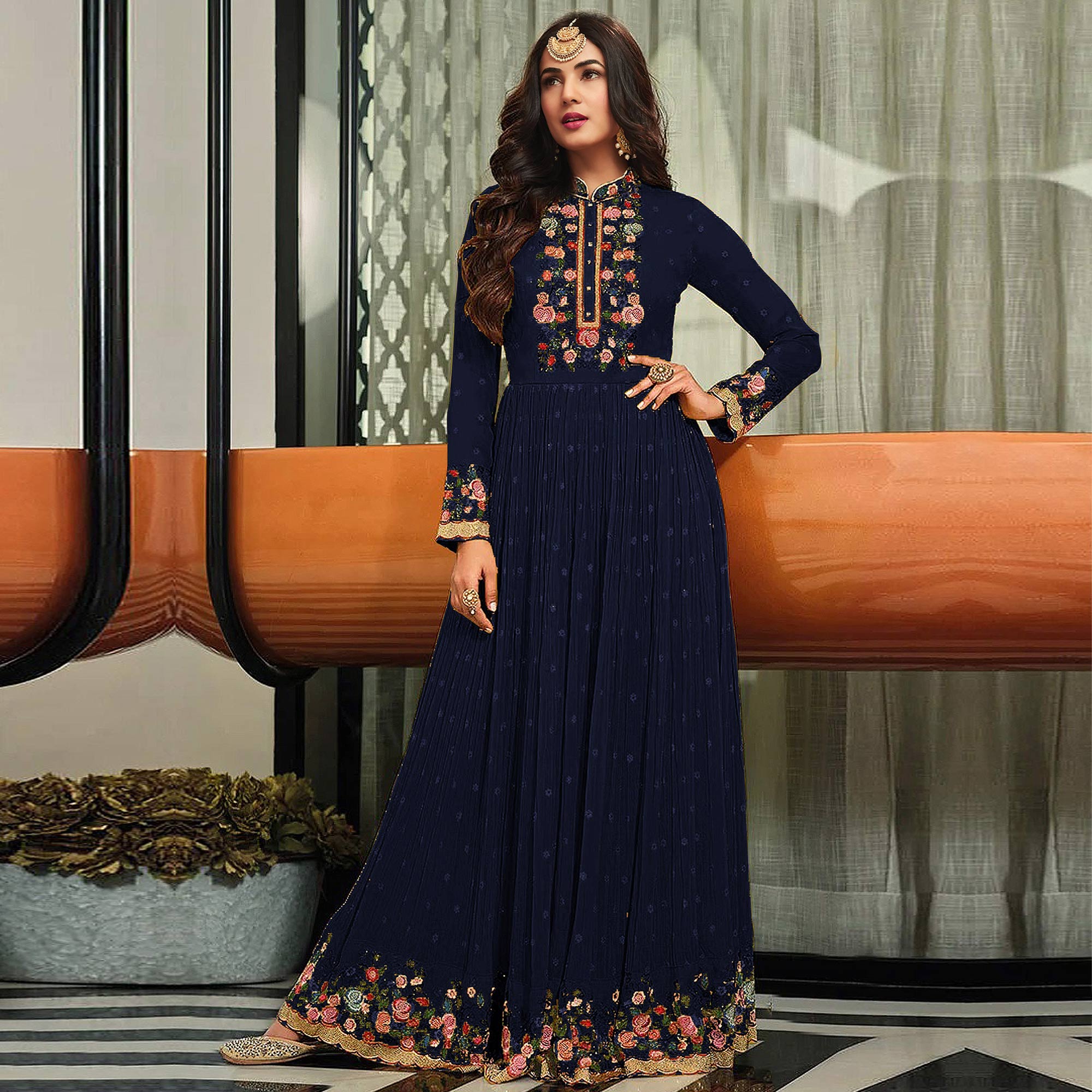 Buy Blue Latest Designer Party Wear Real Georgette Gown Suit