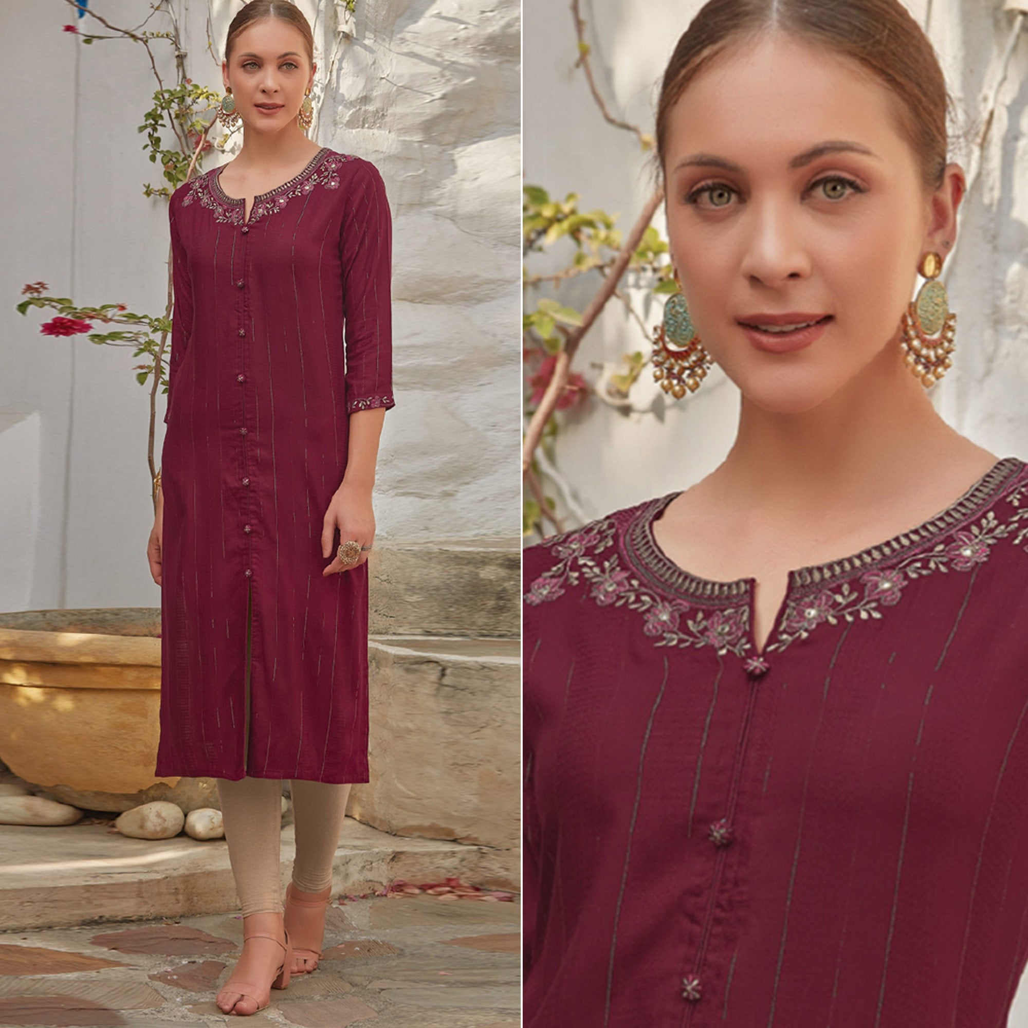 Maroon Floral Printed Cotton Blend Kurti