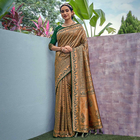 Peach Festive Wear Plain & Hand Work Pure Silk Saree