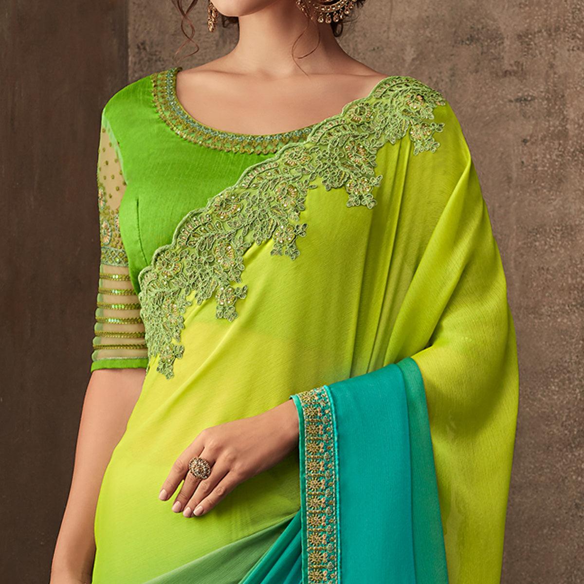 Green & Blue Floral Sequins Embroidered Chiffon Saree
